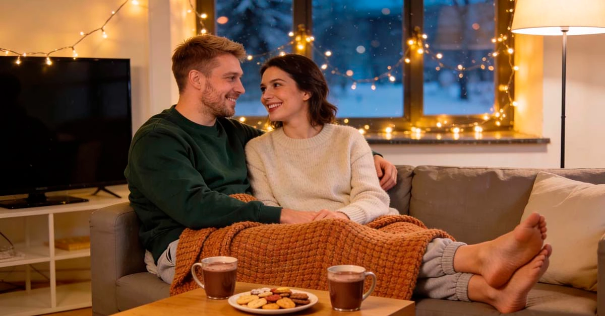 Cozy indoor winter date ideas for men who hate the cold but still want connection cozy indoor winter date ideas for men — same white man in his thirties and a woman on a couch having a relaxed at home winter date night