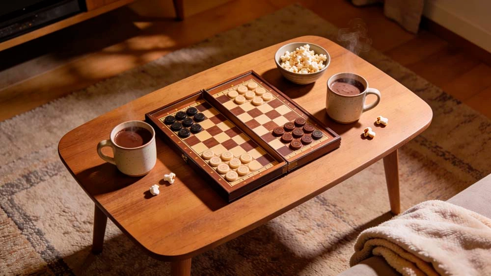 Cozy indoor winter date idea at home with games and hot drinks for men cozy indoor winter date ideas for men — board game, hot chocolate and popcorn on a cozy living room coffee table in winter