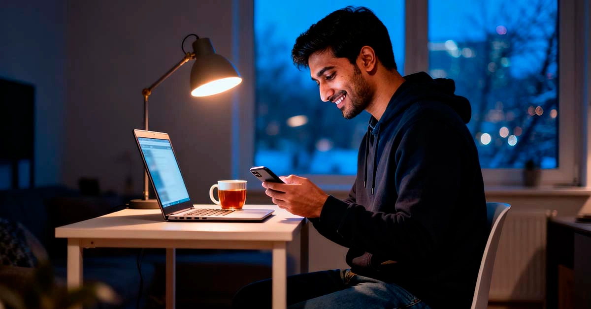 texting new matches after holiday break — south asian man in his late twenties on a winter evening writing a relaxed opener to a new match on his phone