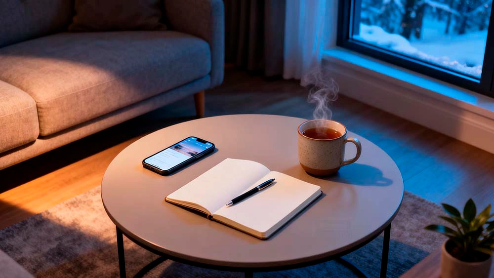 texting new matches after holiday break — flatlay with smartphone, notebook and tea on a coffee table while planning calm openers