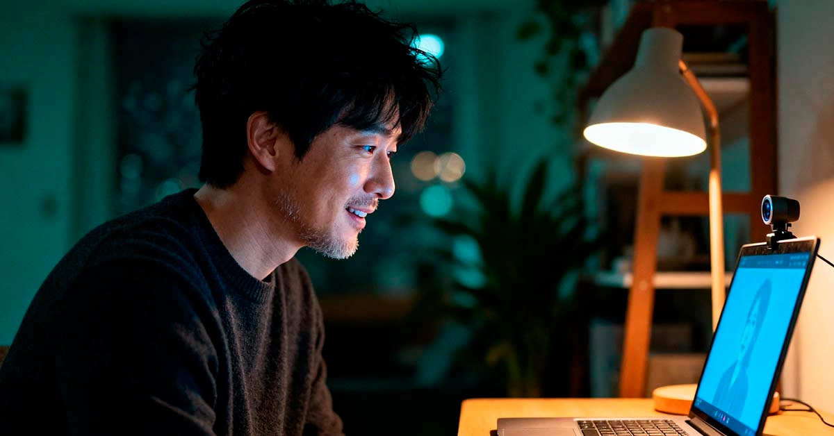 winter video date lighting for men — east asian man in his early thirties sitting at a desk in a dark apartment with soft warm and cool light on his face during a video date