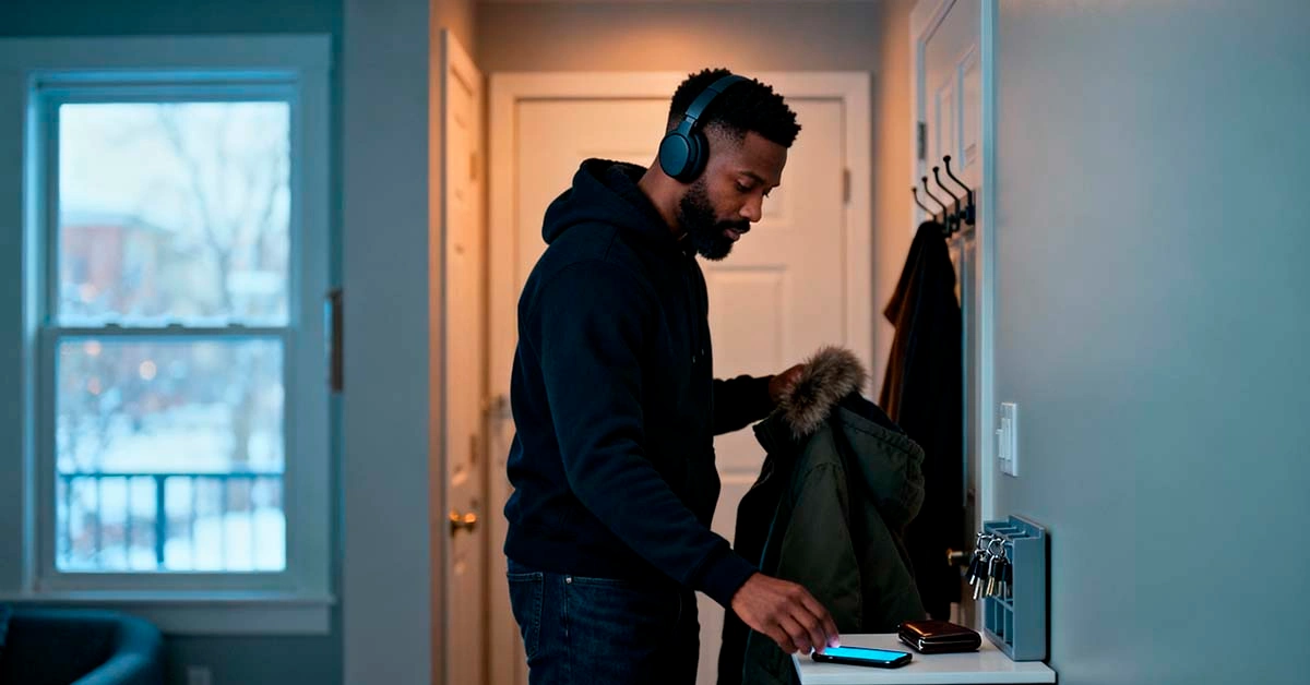 January social media detox for single men: putting the phone down and moving again january social media detox for single men — black man in his late twenties leaving his phone on a table and putting on headphones before going outside for a winter walk