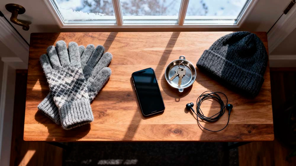 Putting the phone face down and choosing a winter walk instead of scrolling january social media detox for single men — top-down view of a smartphone face down next to house keys, headphones and gloves on a wooden table before a winter walk