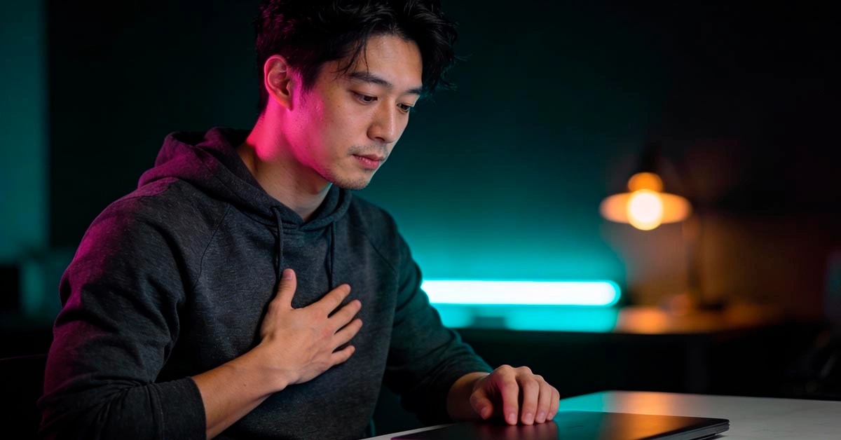 video call anxiety moment man practicing calm smile in a mirror before a call