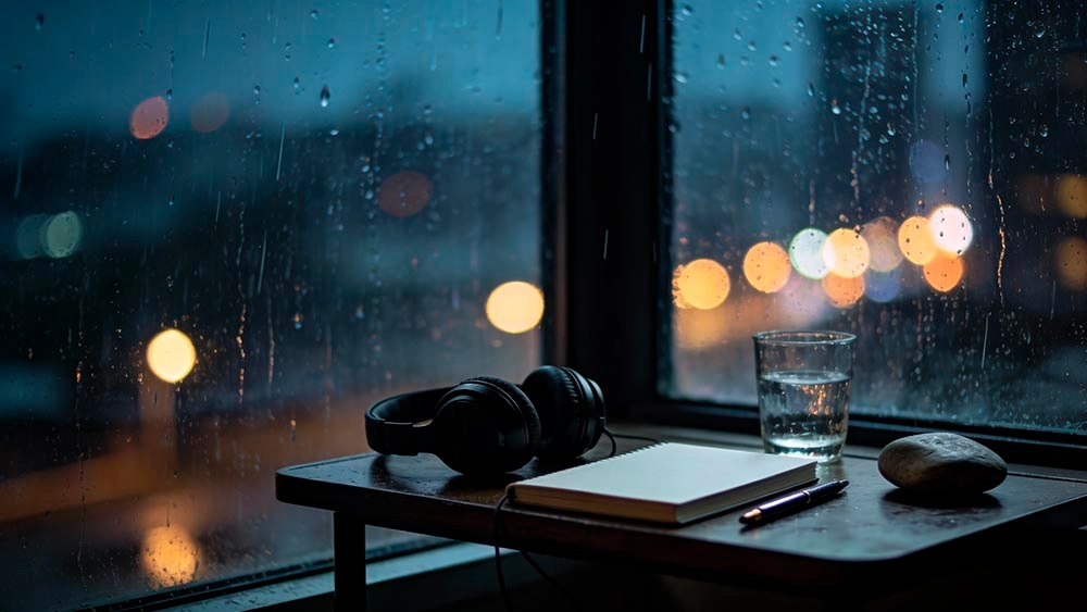 awkward silence on video call cheat sheet notes and headphones in neon desk lighting