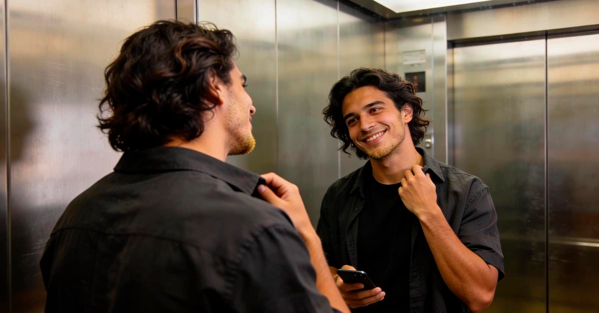 Playful Teasing Without Being Cringe playful teasing moment in an elevator mirror confident man with a subtle smirk