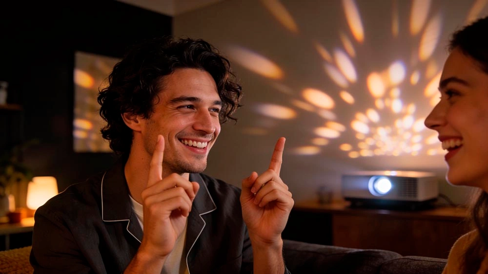 Playful Teasing Energy playful teasing mood with projector glow and abstract light shapes in a modern room