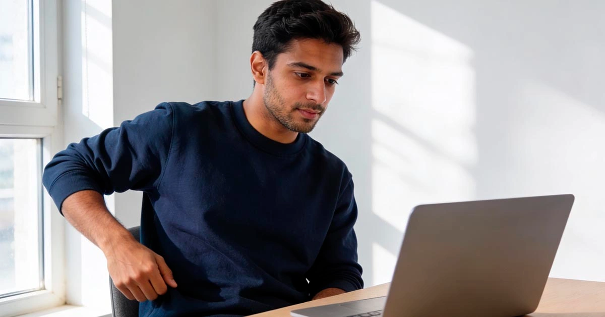 Best Colors to Wear on Video Calls best colors to wear on video calls man in a deep navy shirt under soft window light