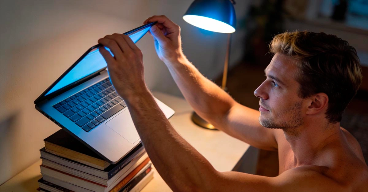 Webcam Angle for Men webcam angle for men man raising laptop to eye level for a sharper look on camera