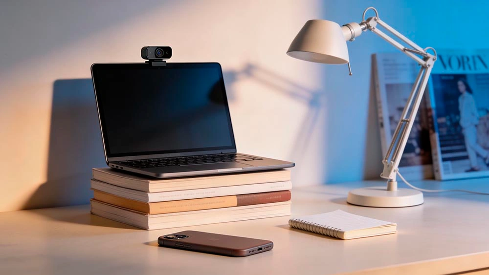 Better Webcam Angle Setup webcam angle for men desk setup with laptop on books and soft light for better framing