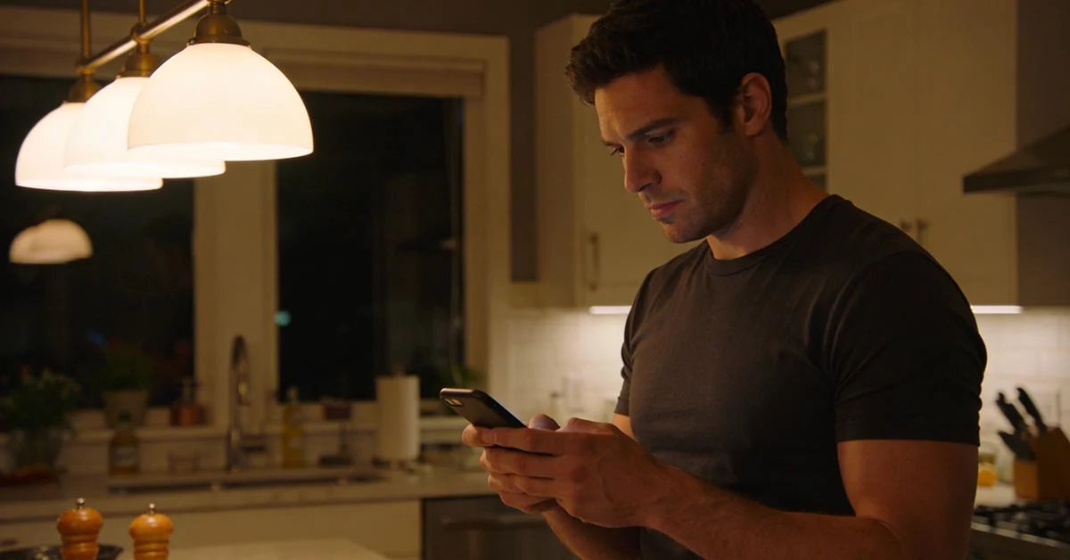 read receipts no reply — man in a dim modern kitchen checking a phone with calm but tense focus after a seen message