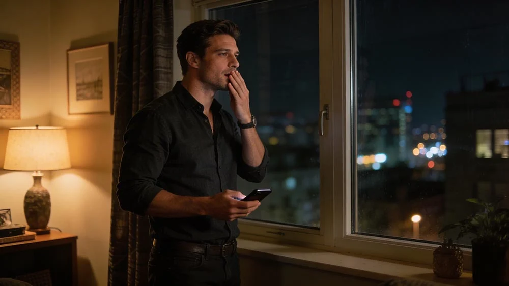read receipts no reply — same man standing by a window at night taking a slow breath and resetting his mood after checking his phone