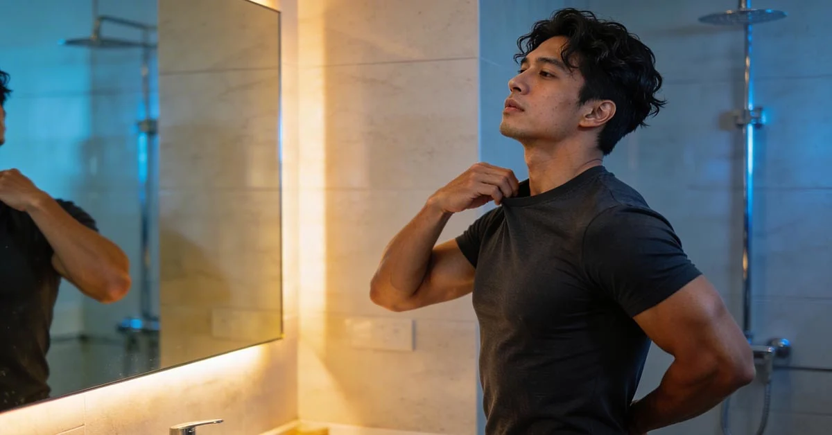 pre call confidence ritual for men man resetting posture and loosening tension before a video date