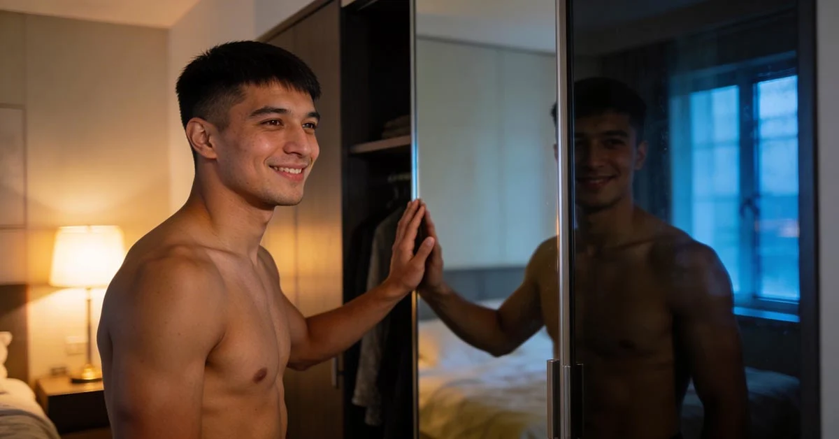 how to smile on video calls — Central Asian man practicing a relaxed natural smile in a mirror with warm and cool light contrast