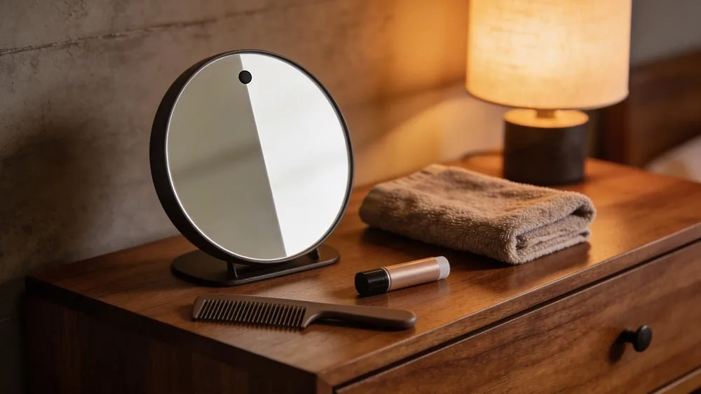 how to smile on video calls — round mirror setup with a small marker and simple grooming tools for smile practice