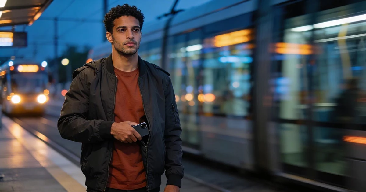Dating app burnout for men break on a city tram platform with phone put away