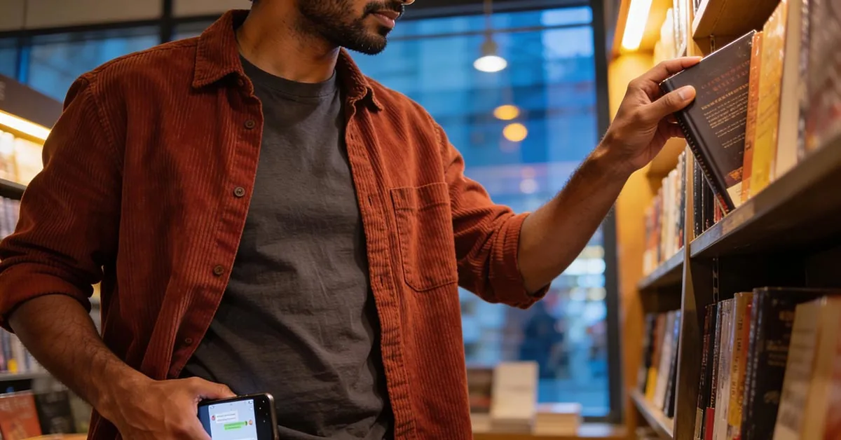 flirting without emojis in a bookstore hands-only text moment