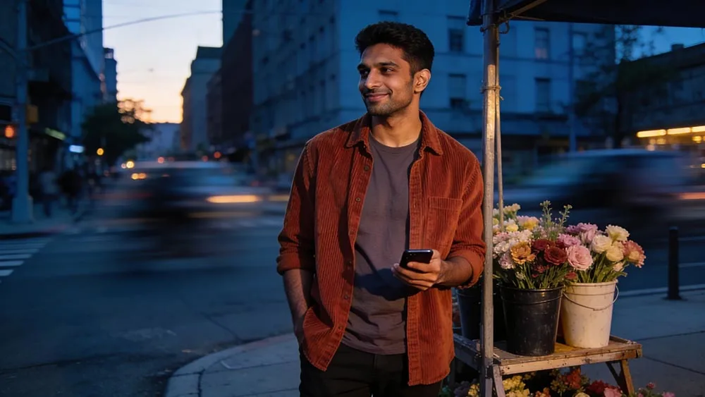 flirting without emojis with a relaxed street-side smile after sending a text